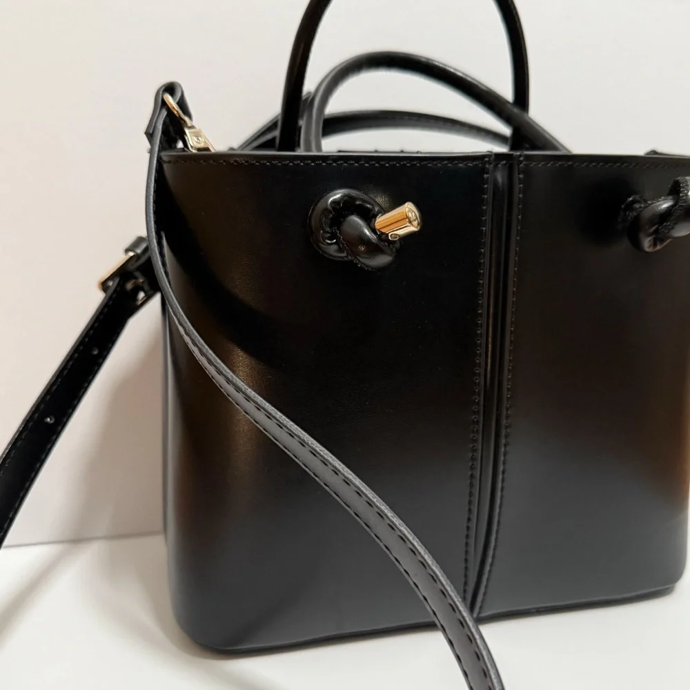 Zara black mini city tote structured chic bucket bag vegan leather purse minimal